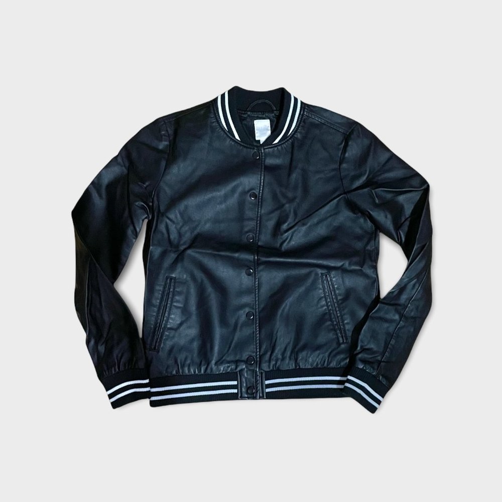 Black faux-leather baseball jumper, size S